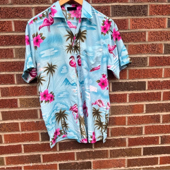 Pacific & Co Light Blue and Pink Flamingo Tropical Print Collared Shirt - Picture 2 of 4